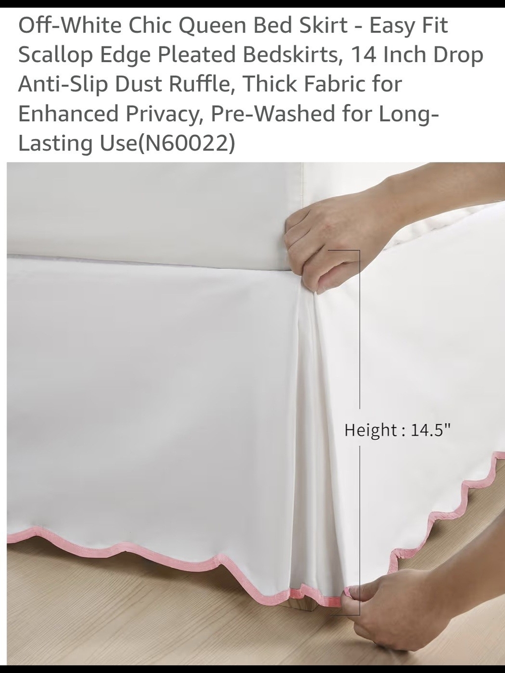 Off-White Queen Bed Skirt with Pink Scalloped Edge - Chic Dust Ruffle